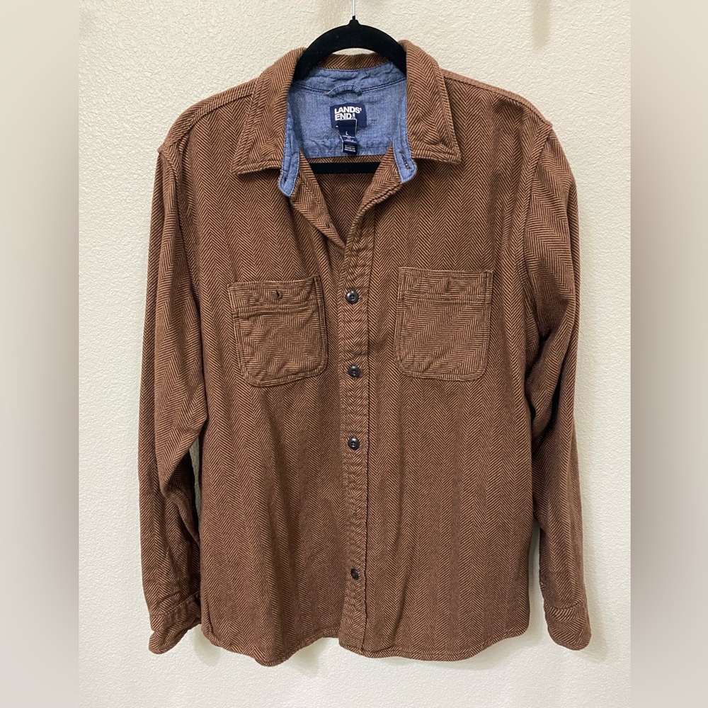Lands End Chevron Brown Button-Up Flannel Shirt‎ - Picture 3 of 7